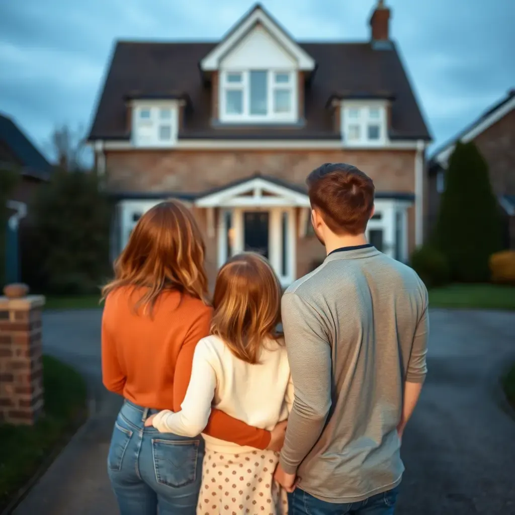 A couple and their child standing with their backs to the camera, looking at a house at dusk
