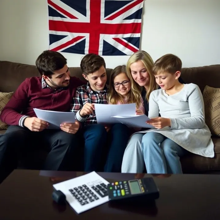 A family sitting together reading through mortgage paperwork, with a calculator on the table in front of them