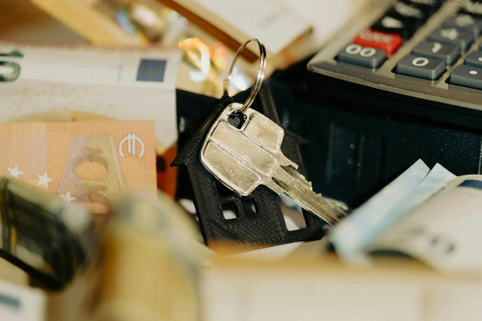 A set of keys resting on banknotes beside a calculator
